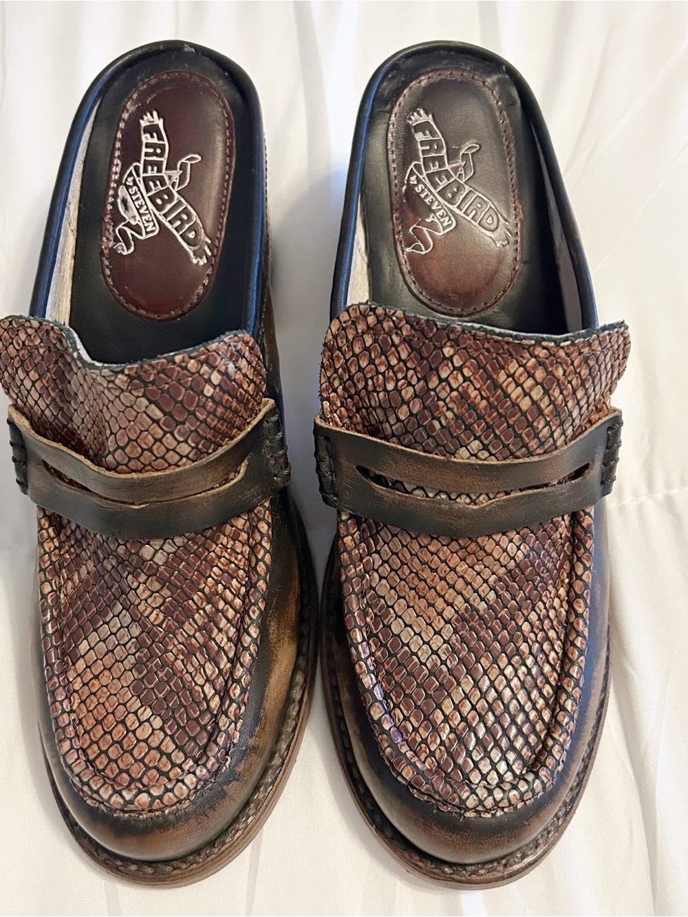 Freebird By Steven Collin’s Brown Mules 8 Leather Snake Embossed Boho Western - Picture 3 of 9